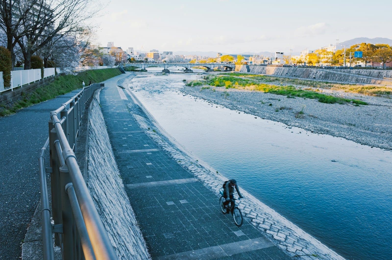 A cyclist rides a paved riverside shared path, with walkers further along it