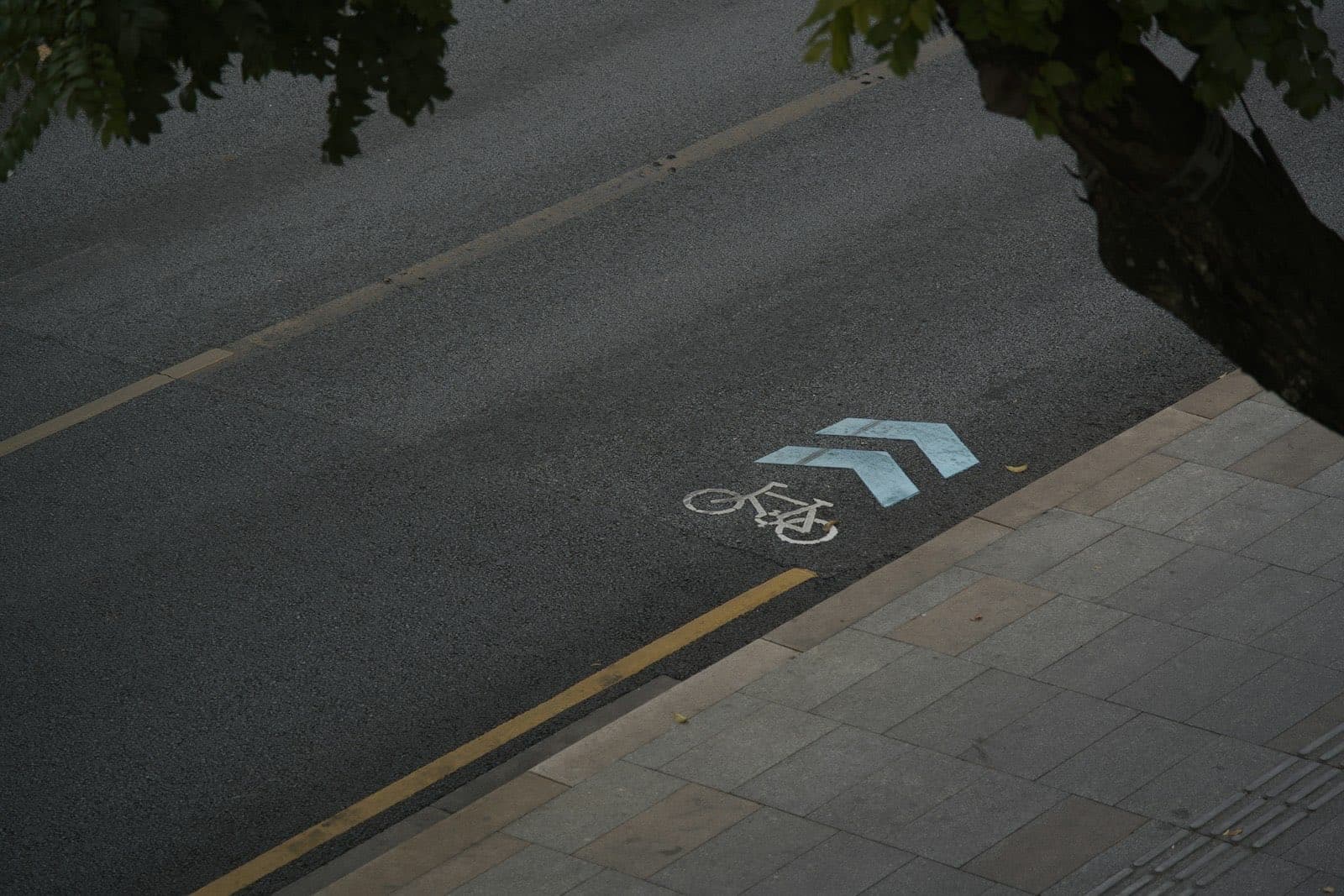 A bicycle symbol and arrows painted on a road's bike lane, beside the kerb and footpath
